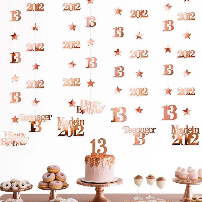 12PCS Rose Gold 13th Birthday Decorations Number 13 and 2012 Star Garland Streamer Banner Backdrop for Girls Cheers to 13 Years Birthday Vintage Made in 2012 Official Teenager Party Decor Supplies