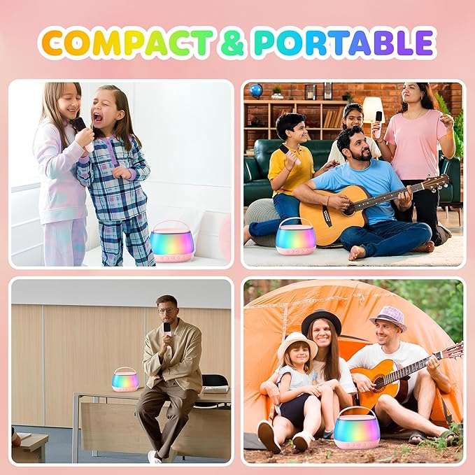 Kids Karaoke Machine with 2 Wireless Microphones, Bluetooth Speaker with Voice Changer & LED Lights, Portable Singing Toy Gift for Boys & Girls Ages 3–12