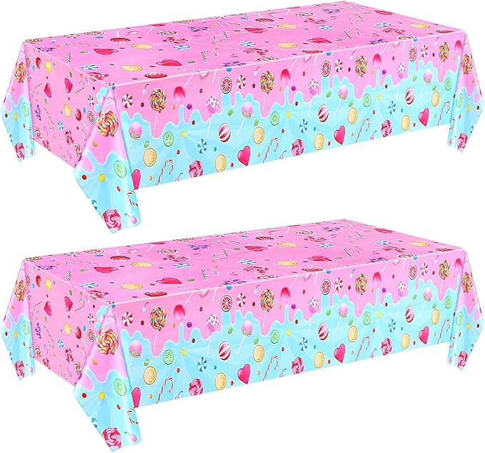 2 Pieces Candyland Plastic Tablecloth Candyland Sweet Party Decorations Colorful Lollipop Pink Table Covers for Candy Land Birthday Baby Shower Sweet Party Supplies