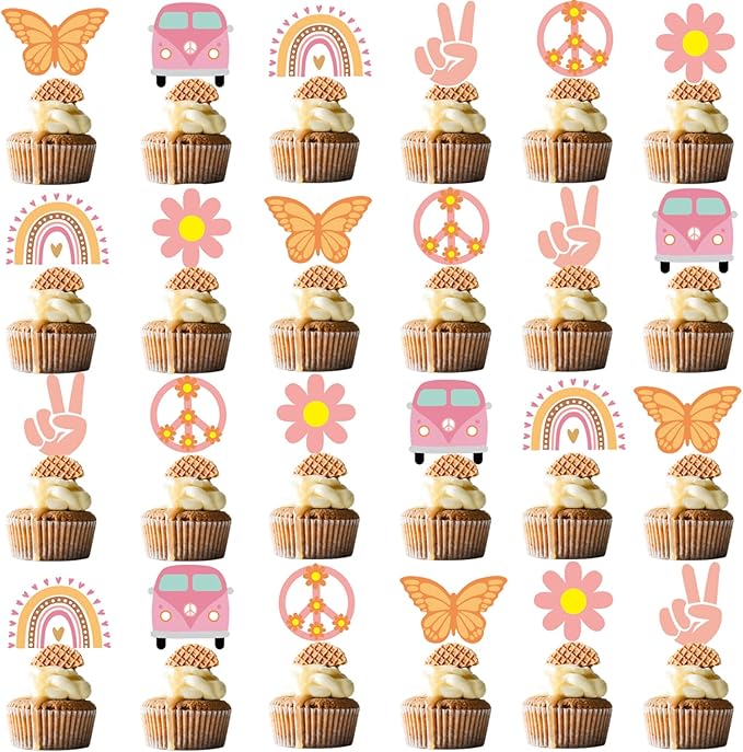 48Pcs Hippie Party Cupcake Toppers for Two Groovy Birthday Party Decorations Boho Rainbow Party Supplies