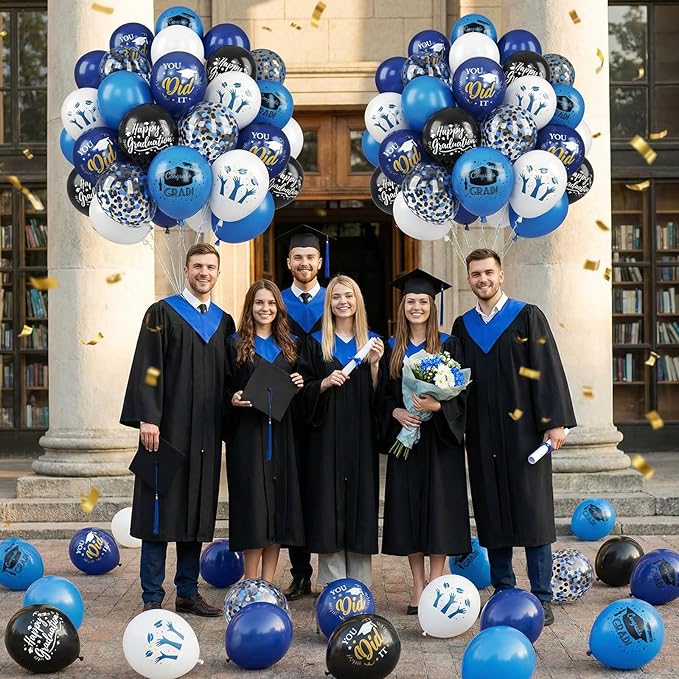 Blue Black White Graduation Balloons, 50 Pcs Congrats GRAD Cap Printed Balloons, 12 Inch Dark Navy Blue Black Confetti Latex Balloons Helium for Men Class of 2026 Happy Graduation Party Decorations