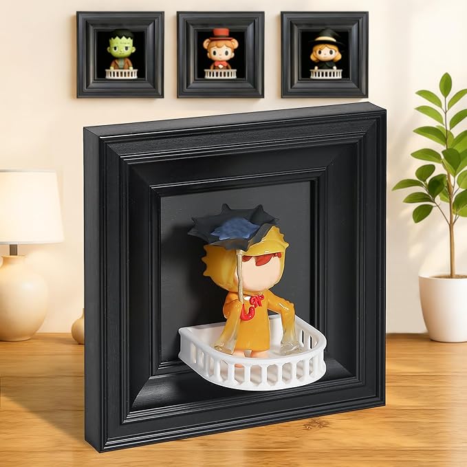 Display Frame with Balcony for Mini Figures, 6.7×6.7in Black Collection case, Wall Mount & Desktop Compatible, Fits Blind Box Toys & Action Collectibles