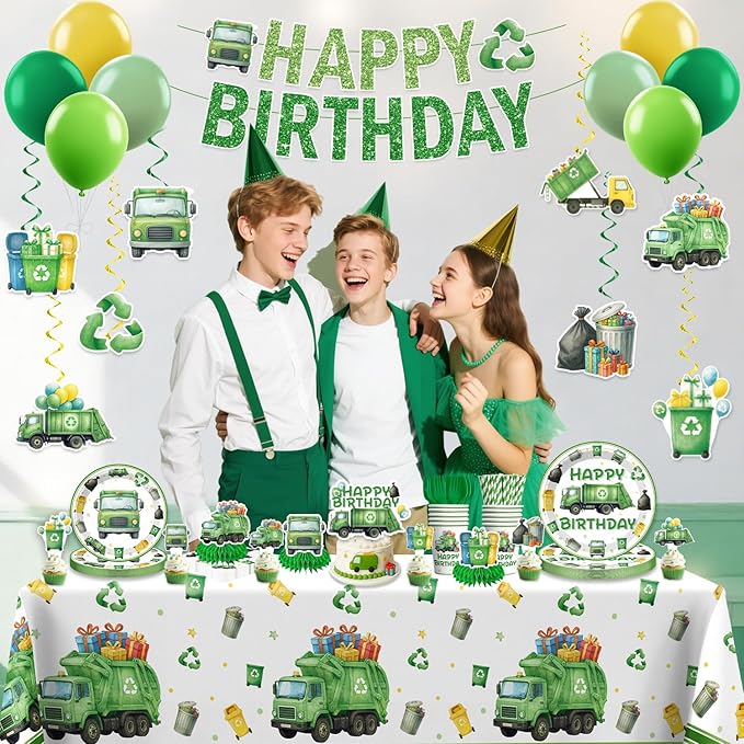 198 Pcs Trash Truck Birthday Decorations Garbage Truck Waste Management Party Supplies Banner Balloons Plates and Napkins Set with 2 Pcs Tablecloth Recycling Rubbish Truck Birthday for Boys Girls