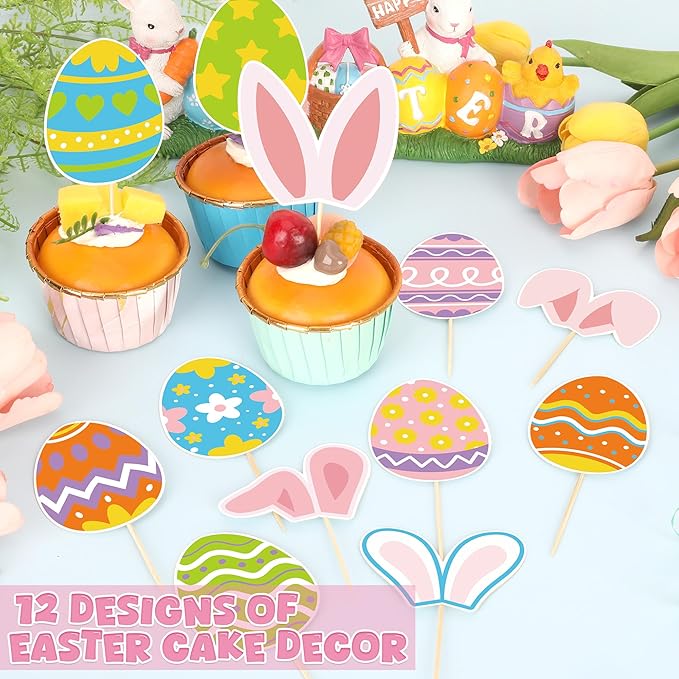 36pcs Easter Cupcake Toppers, 12 Kinds Easter Cake Topper Decorations, Paper Colorful Easter Eggs Bunny Ears Cake Topper Decor, Single Sided Printing Spring Party Desserts Cupcake Topper Decoration