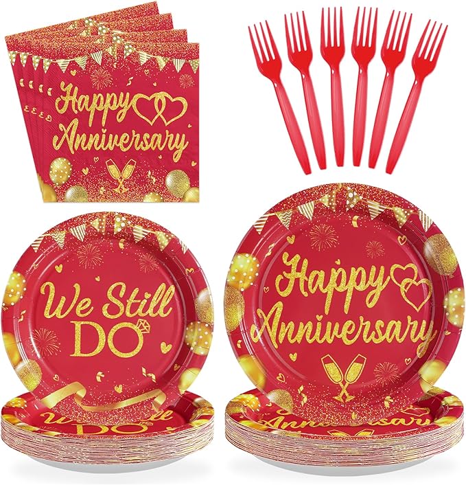 96Pcs Happy Anniversary Party Supplies Red Gold Wedding Plates and Napkins We Still Do Tableware Set for Men Women 40th 50th 60th Wedding Anniversary Party Supplies，Serves 24