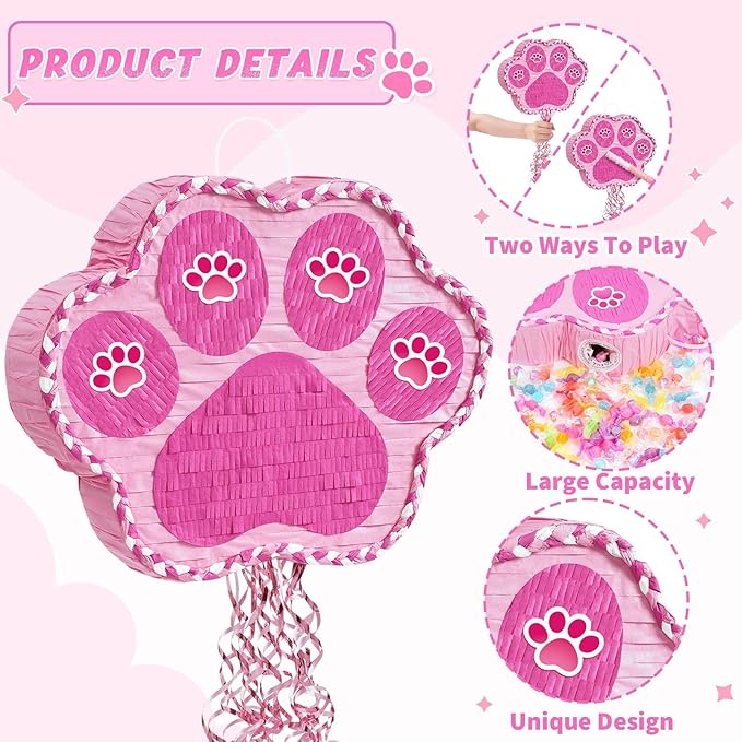 WERNNSAI Pink Dog Paw Piñata - Dog Piñata Pet Theme Party Games Pink Girl Style Puppy Paw Party Decorations Animal Party Supply for Kids Birthday with Blindfold
