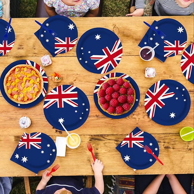 96Pcs Australian Flag Party Supplies Australia Birthday Plates and Napkins Australian National Flags Tableware Set for School Sports Events Patriotic Festival Birthday Party Decor，Serves 24