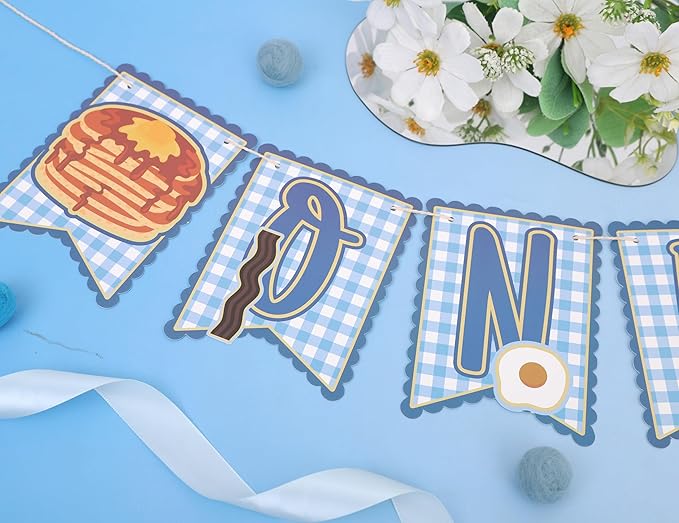 Brunch 1st Birthday High Chair Banner - Breakfast First Birthday Party Decorations, Pancakes and Pajamas Party Supplies, Breakfast Food Party Banner, Pancake and Waffle Cake Smash Photo Props (Blue Brunch Banner)