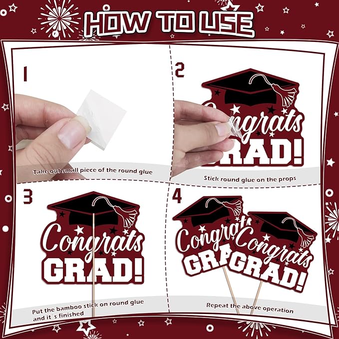 24Pcs Graduation Party Decorations Class of 2026, Graduation Centerpieces for Tables, 2026 Congrats Grad Party Centerpiece Stick Table Toppers for Graduation Party Supplies (Maroon)