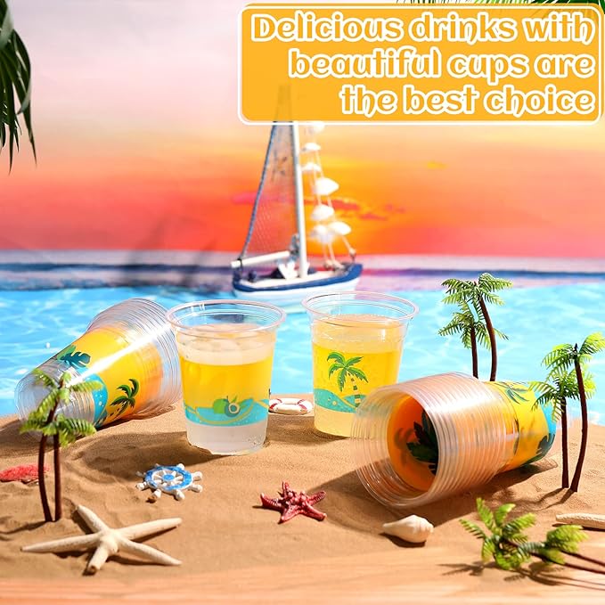 Rtteri 100 Pcs 12oz Luau Cups Plastic Hawaiian Coconut Tree Drinking Cups Bulk Disposable Palm Tree Tiki Drinkware for Summer Beach Party Supplies Luau Hawaiian Decorations(Waves)