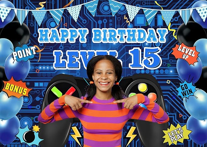 Game Theme Level 15 Birthday Backdrop Video Game Happy 15th Birthday Party Decorations Level Up Theme Boys Kids Birthday Party Supplies(7×5FT)