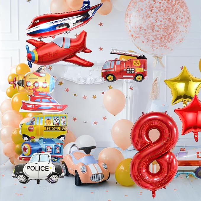 12pcs Transportation Balloons, Truck Plane School Bus Fire Truck Police Car Ship Ambulance Submarine Foil Balloon, Transportation 8th Birthday Vehicles Theme Party Supplies Decorations (8th)