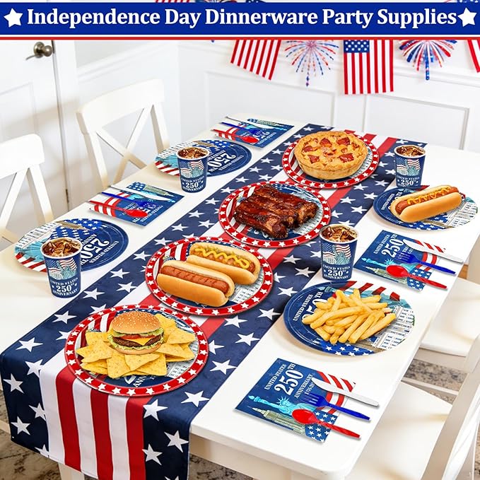 168PCS 4th of July Decorations 250th Anniversary Patriotic Party Supplies American Flag Tableware Set Plates Napkins Cups Knives Forks Spoon Red White Blue Decor for Memorial Independence Day Serve 24