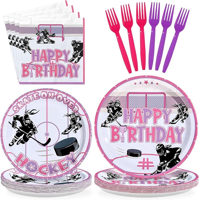 96Pcs Pink Hockey Birthday Party Supplies Hockey Girl Birthday Party Plates and Napkins Tableware Set for Girls Kid's Fans Gameday Sports Themed Party Decorations Serves 24