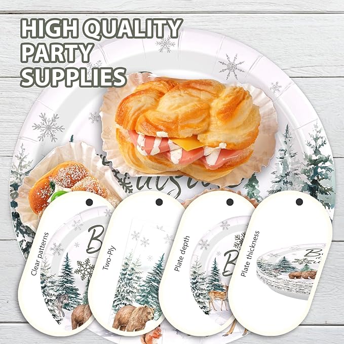200Pcs Baby It's Cold Outside Plates and Napkins Disposable Winter Onderland Baby Shower Decorations Winter Snowflake Animals Woodland Tableware Sets for Girl Boy Shower Birthday Supplies Serves 50