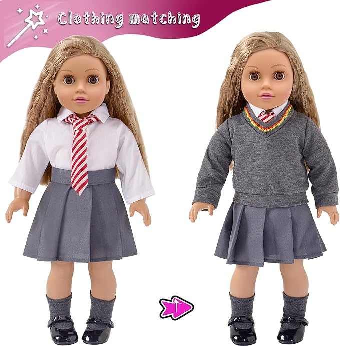 18 Inch Doll Clothes and Accessories School Uniform Costume Set Include Outfit Shoes for Girls (No Doll)