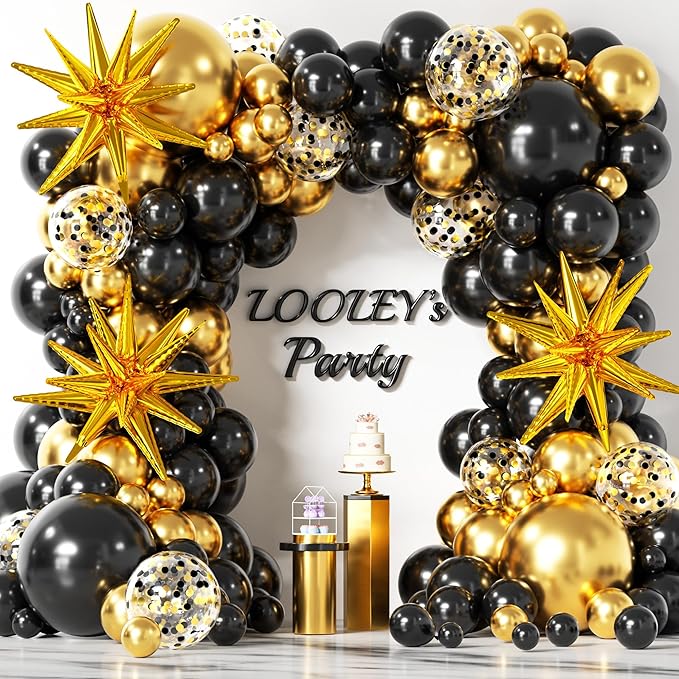 137Pcs Black and Gold Balloons Garland Arch Kit with Stars - 5 10 12 18 inch Black Gold Confetti Latex Party Balloons for 2026 New Year Graduation Retirement Decorations Birthday