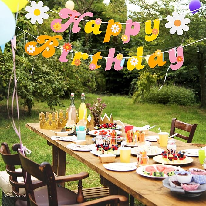 26 PCS Groovy Party Banners Boho Happy Birthday Decorations Daisy Flower Hanging Swirls Retro Hippie Ceiling Streamers for Two Groovy Retro Party Supplies