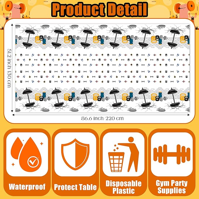 3Pcs Gym Birthday Party Tablecloth - 87 x 51 Inches Plastic Fitness Sports Table Cover Disposable Weight Lifting Table Cloth for Kitchen Picnic Bodybuilder Gym Birthday Party Decor Supplies