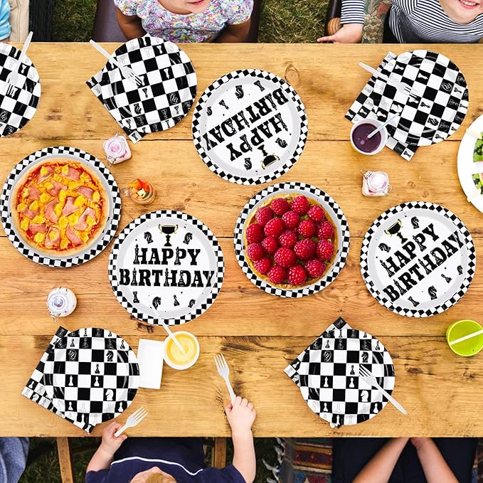 96Pcs Chess Happy Birthday Party Supplies Black and White Checkered Plates and Napkins Disposable Chessboard Game Tableware Set for Chess Player Birthday Party Decorations, Serves 24