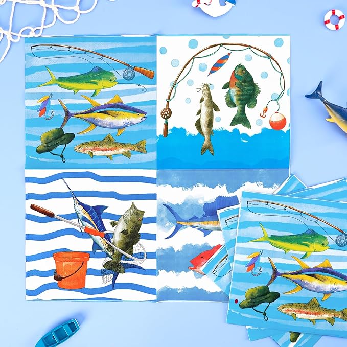 WERNNSAI 64PCS Fish Party Decorations - Gone Fishing Party Decorations Fishing Plates Napkins Cups Set for Boys Litter Fisherman Birthday Baby Shower Decorations