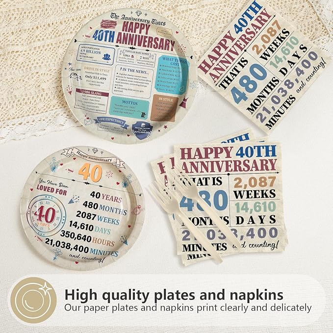 96Pcs 40th Anniversary Party Decorations Retro 40 Years Wedding Aday Plates and Napkins Happy 40th Anniversary Disposable Tableware Set for Vintage 40 Year Wedding Party Supplies Serves 24