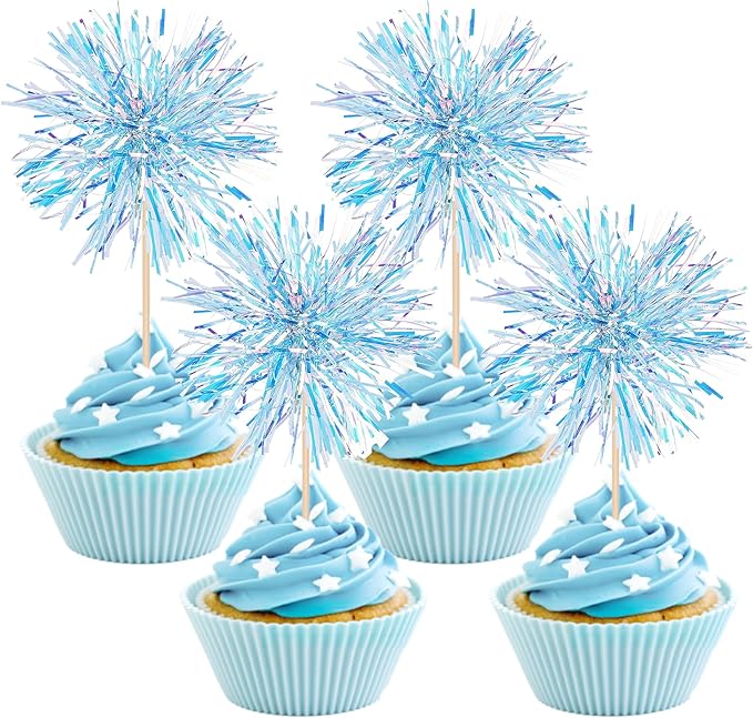 30 PCS Foil Firework Cupcake Toppers Happy Birthday Cupcake Toppers Sparkle Tinsel Flower Drink Stirrers Cocktail Fruit Toothpicks for Valentine's Day Baby Shower Party Cake Decor Supplies Blue