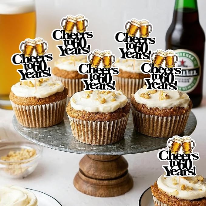Ercadio 28 PCS Beer Party Cupcake Toppers Cheers and Beers Happy Birthday Decor for Cheers to 60 Years Cake Topper Favor for Summer Family Party Decor Supplies