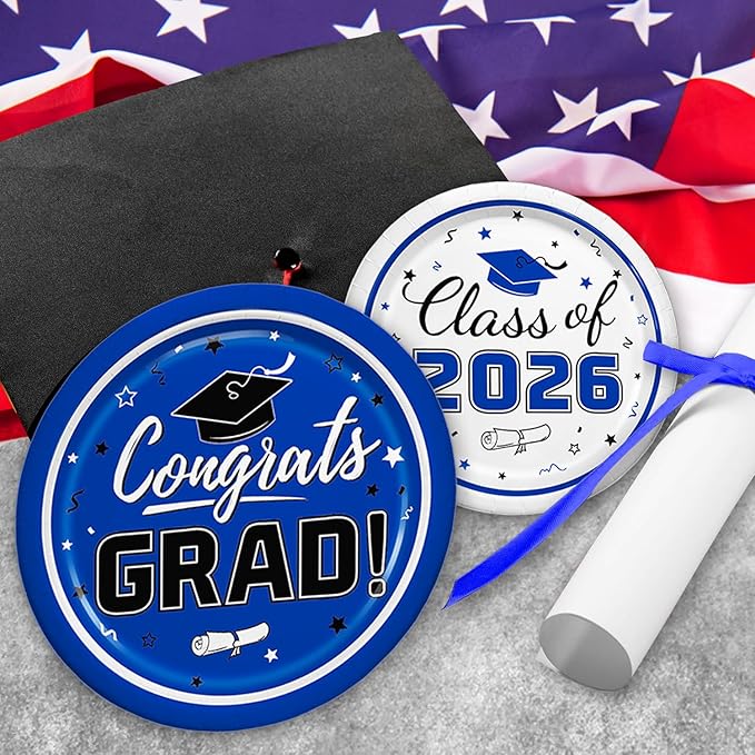 Graduation Blue Party Supplies Kit Dinner Plates Dessert Plates and Napkins for Congrats Grad Party Decorations, Serves 50