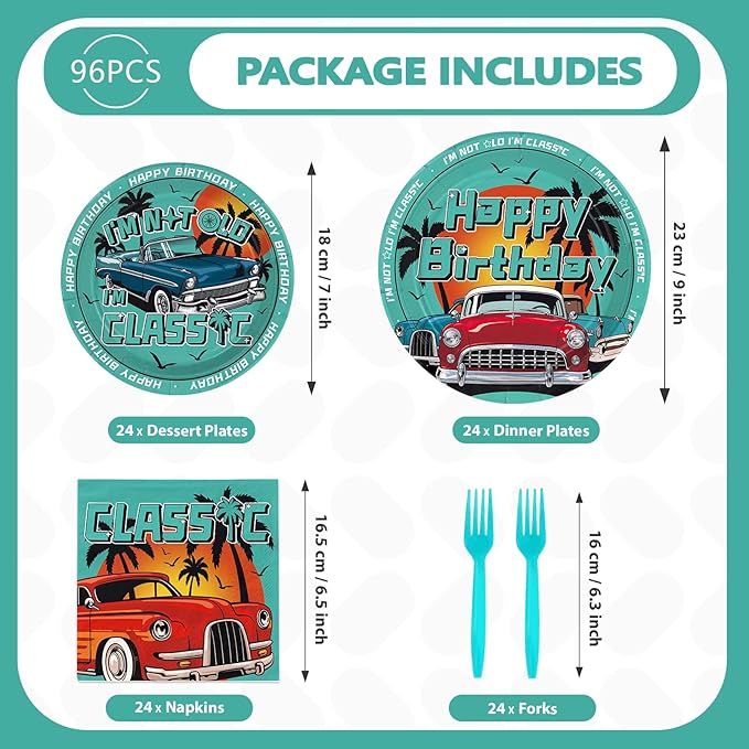 96Pcs Classic Car Birthday Decorations Red Blue Green Vintage Car Plates and Napkins I am Not Old I am Classic Decorations Favors for Men Birthday Retro Cars Theme Party Supplies Serves 24