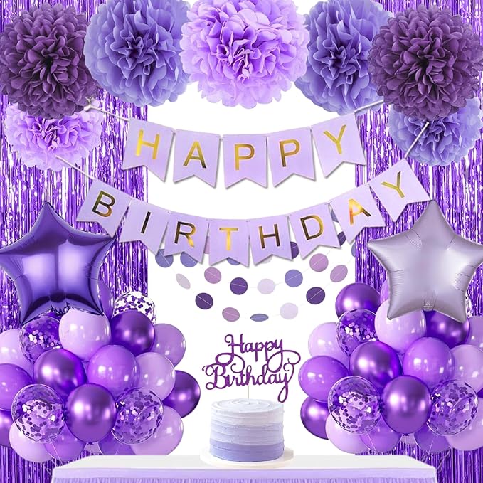 Purple Birthday Decorations, Purple Party Balloons with Happy Birthday Banner Fringe Curtain Paper Pompoms, Circle Garland Decor for Women Men Boys Girls Princess