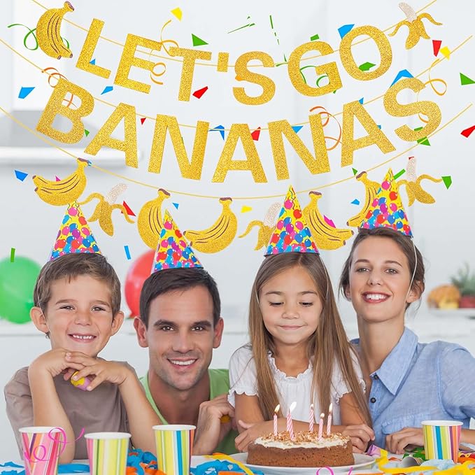 Clabby Pre Strung Banana Birthday Decorations Let's Go Bananas Letter Banner Gold Glitter Fruit Theme Banner for Fruit Birthday Party Baby Shower Supplies