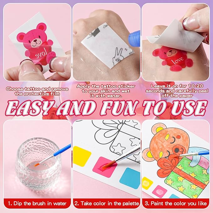 Valentines Day Gifts for Kids, 120Pcs Water Coloring Books & 320Pcs Temporary Tattoos Bulk with Valentines Day Cards for Kids Classroom School Preschool Party Favors Valentine Toddlers Crafts Prizes