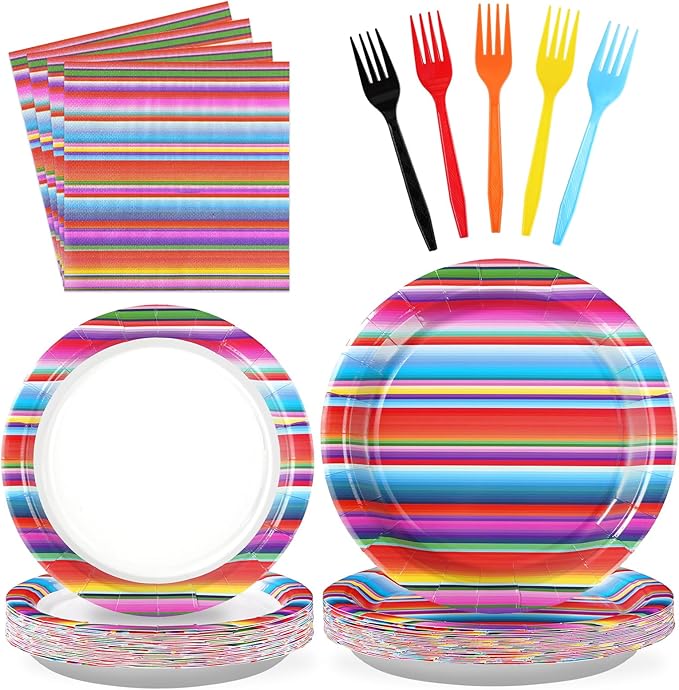 96 Pcs Mexican Fiesta Party Supplies Colorful Stripes Mexican Plates and Napkins Disposable Fiesta Tableware Set for Cinco De Mayo Dance Pinata Taco Carnival Mexican Theme Party Decorations Serves 24