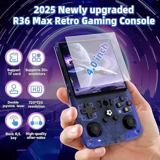 R36 Max Retro Gaming Console, Retro Handheld Console 4.0'' Screen Linux System, 64G TF Card, 4000mAh Rechargeable Portable Pocket Arcade, Transparent Blue
