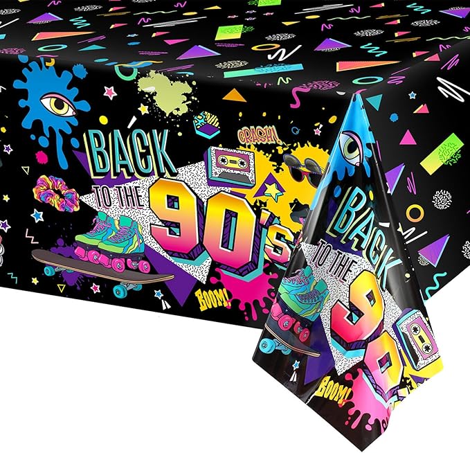 Tegeme 1 Pcs 90s Plastic Party Table Cover Back to The 90's Tablecloth 90s Birthday Party Decoration The 90's Hip Hop Supplies Throwback Birthday Decor for Room Kitchen 54 x 108 Inch