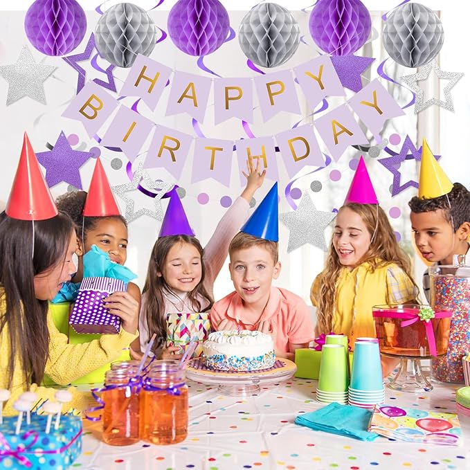 meowtastic Birthday Decorations, Happy Birthday Banner with Honeycomb Balls, Star Hanging Swirl Streamers, Circle Dot Garland, Happy Birthday Party Decoration for Women Men Boys Girls (Purple&Silver)