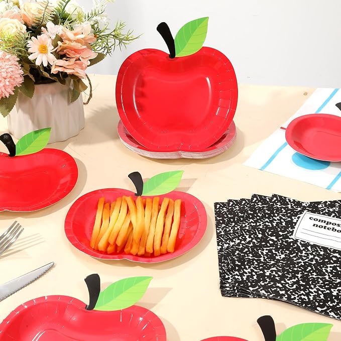 96 Pcs Back to School Tableware Set First Day of School Party Supplies Red Apple Pencil Paper Plates Composition Notebook Napkins Classroom Decoration for Kindergarten Preschool Teacher Party Serve 24