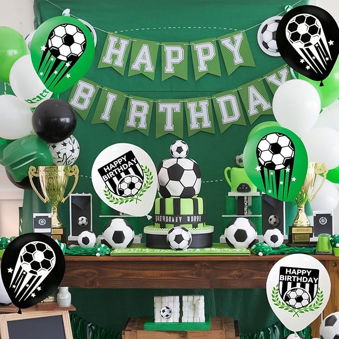 Soccer Balloons, 60Pcs 12 Inch Green White Black Soccer Party Latex Balloons for Kids Boy Soccer Birthday Sport Party Decorations Sports Themed Graduation Baby Shower Party Supplies