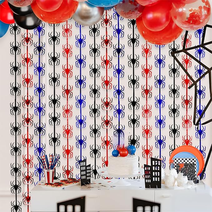 Spider Web Birthday Decorations,2 Pack Red Black and Blue Spider Birthday Party Supplies 3.3 x 6.6ft Tinsel Foil Fringe Curtains Photo Booth Props Backdrop Streamers, House Room Decor for Boys