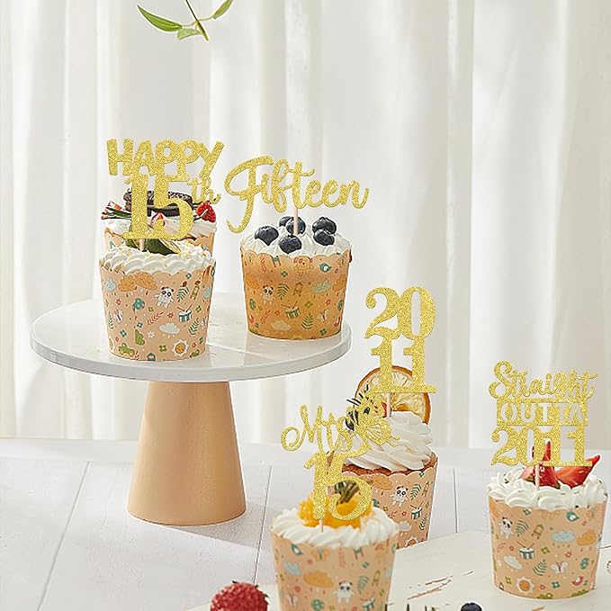 30PCS Straight Outta 2011 Cupcake Toppers Gold Glitter Fifteen Happy 15th Birthday Cupcake Picks Cheers to 15 Years Cake Decorations for 15th Birthday Anniversary Party Decoration Supplies