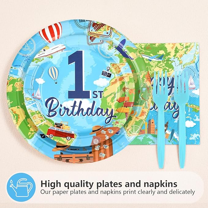96Pcs Travel Theme 1st Birthday Party Supplies Adventure Awaits Plates and Napkins World Map 1st Birthday Tableware Set for Kids Adventure Time One Year Old Party Supplies，Serves 24
