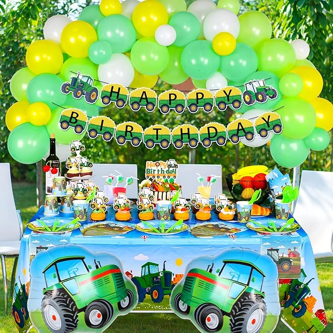 Farm Green Tractor Birthday Party Supplies, Tractor Birthday Decorations with Tractors Balloons, Backdrop, Tablecloth, Banner, Cake Toppers, John Deere Party Supplies Plates Napkins
