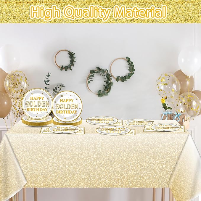 98PCS Happy Golden Birthday Party Supplies Happy Golden Birthday Paper Plates Napkins Tablecloths White Gold Dinnerware for Women Men Party Decorations for 24 Guests