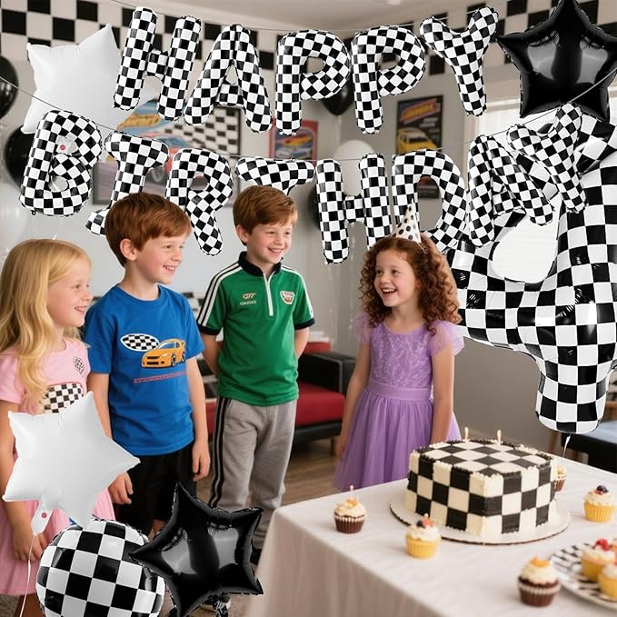 Racing Cars Themed Happy Birthday Banner Party Decorations Set Including 40 Inch Number 4 Foil Balloons, Themed Party Essentials, Checkered Backdrop Supplies for Boys Indoor Outdoor Celebration