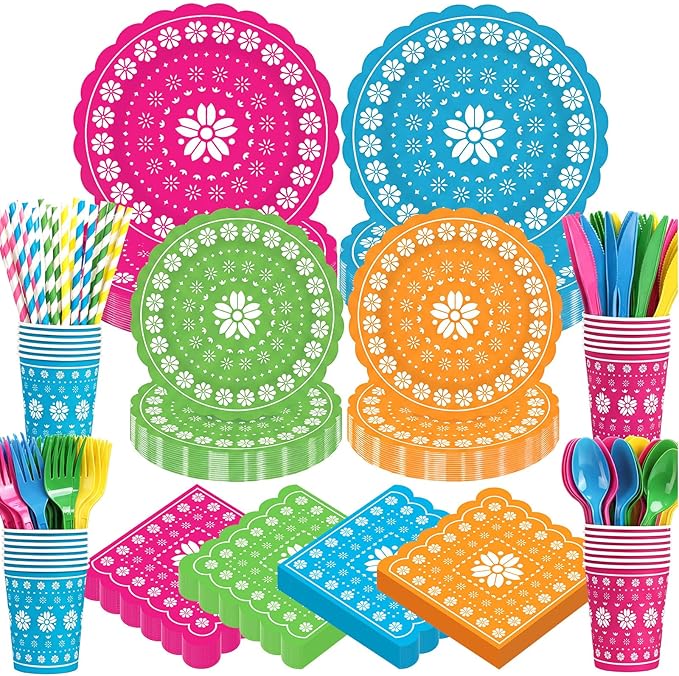 450 Pcs Fiesta Tableware Set Decorations Cinco De Mayo Paper Plates Mexican Colorful Papel Picado Disposable Napkins Cups Cutlery Straws for Taco Carnival Birthday Party Supplies, Serves 50