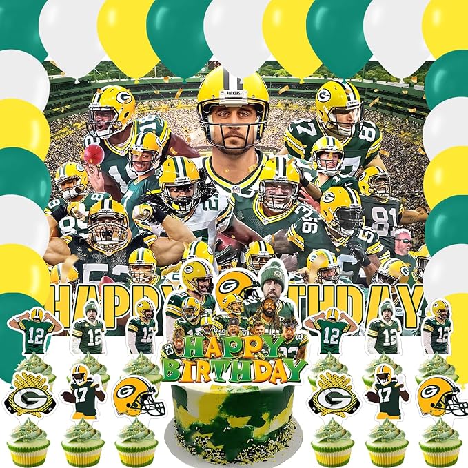Packers of Green Party Supplies,Football Rugby Party Decorations Includes Backdrop, Cake Toppers, Balloon for Soccer Party Decorations