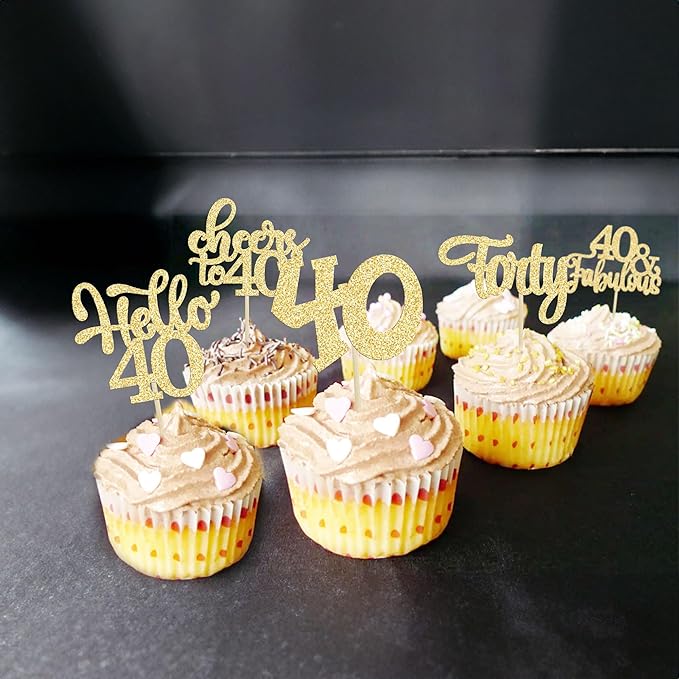 30pcs Happy 40th Birthday Cupcake Toppers - Gold Glitter Forty Cheers to 40 Years Old Cupcake Picks for Anniversary Party Cake Decorations
