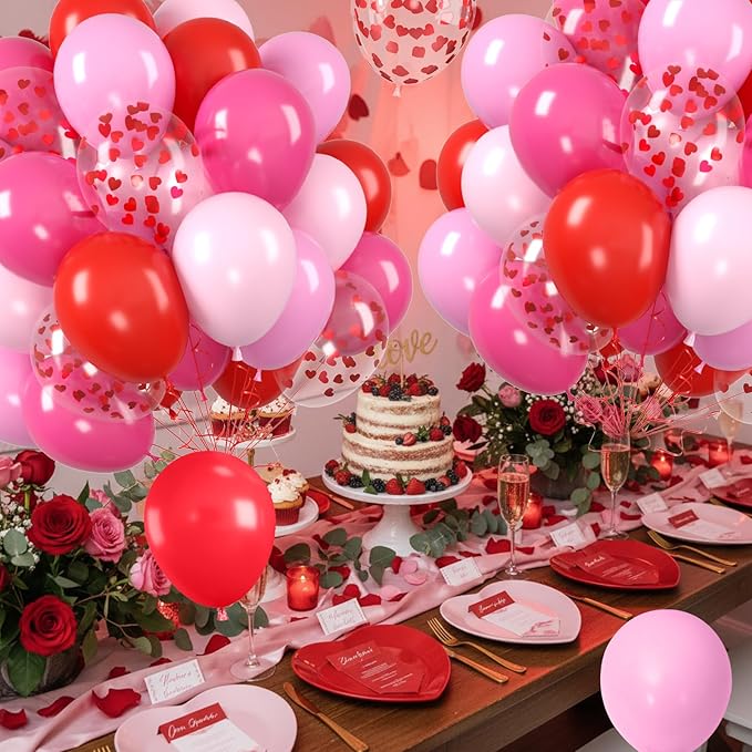 Valentine's Day Balloon, Valentine's Day Party Decoration with Red Hot Pink Balloons Heart Confetti Latex Balloons For Valentine Party Birthday Wedding Bridal Anniversary Engagement Decorations