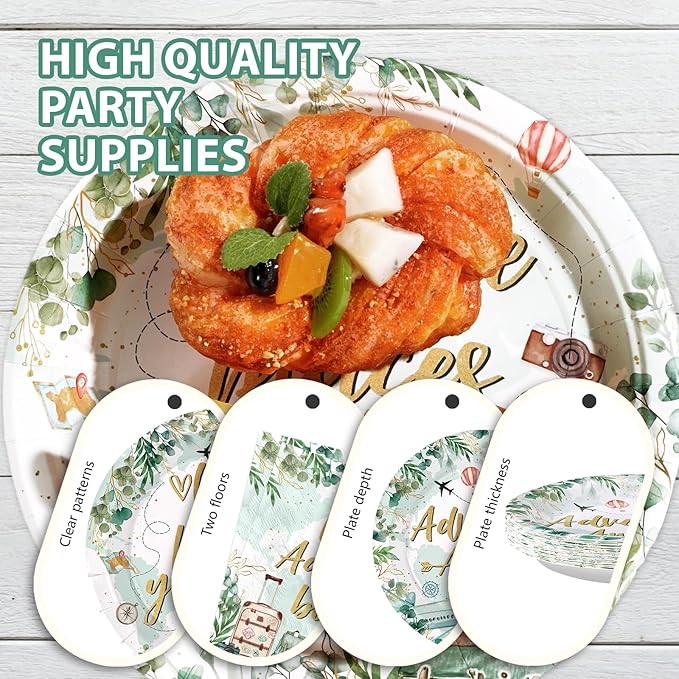 96Pcs Adventure Awaits Party Decorations Greenery Eucalyptus Travel Themed Plates and Napkins Let The Adventure Begin Baby Shower Party Decorations for Voyage Farewell Birthday Supplies Serves 24